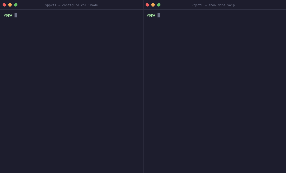 vpp-ddos VoIP mode — per-method thresholds: INVITE 50 pps, REGISTER 20 pps; INVITE flood from 203.0.113.5 at 73 pps detected and blocked inline; carrier trunk 192.168.10.0/24 whitelisted with 128 hits; 11247 packets dropped