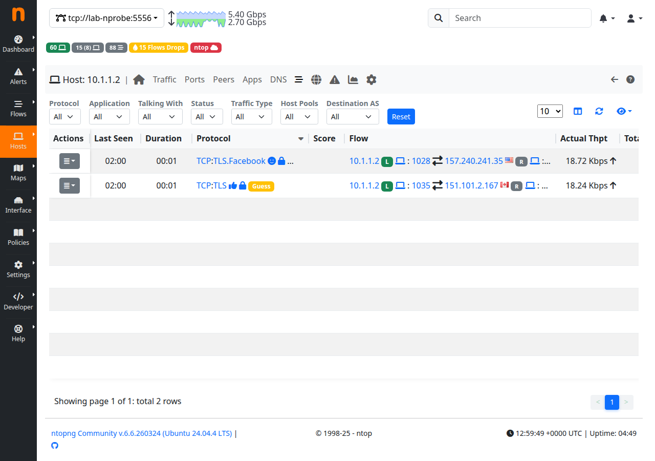 ntopng live flow browser receiving IPFIX from VPP via FlowLens
