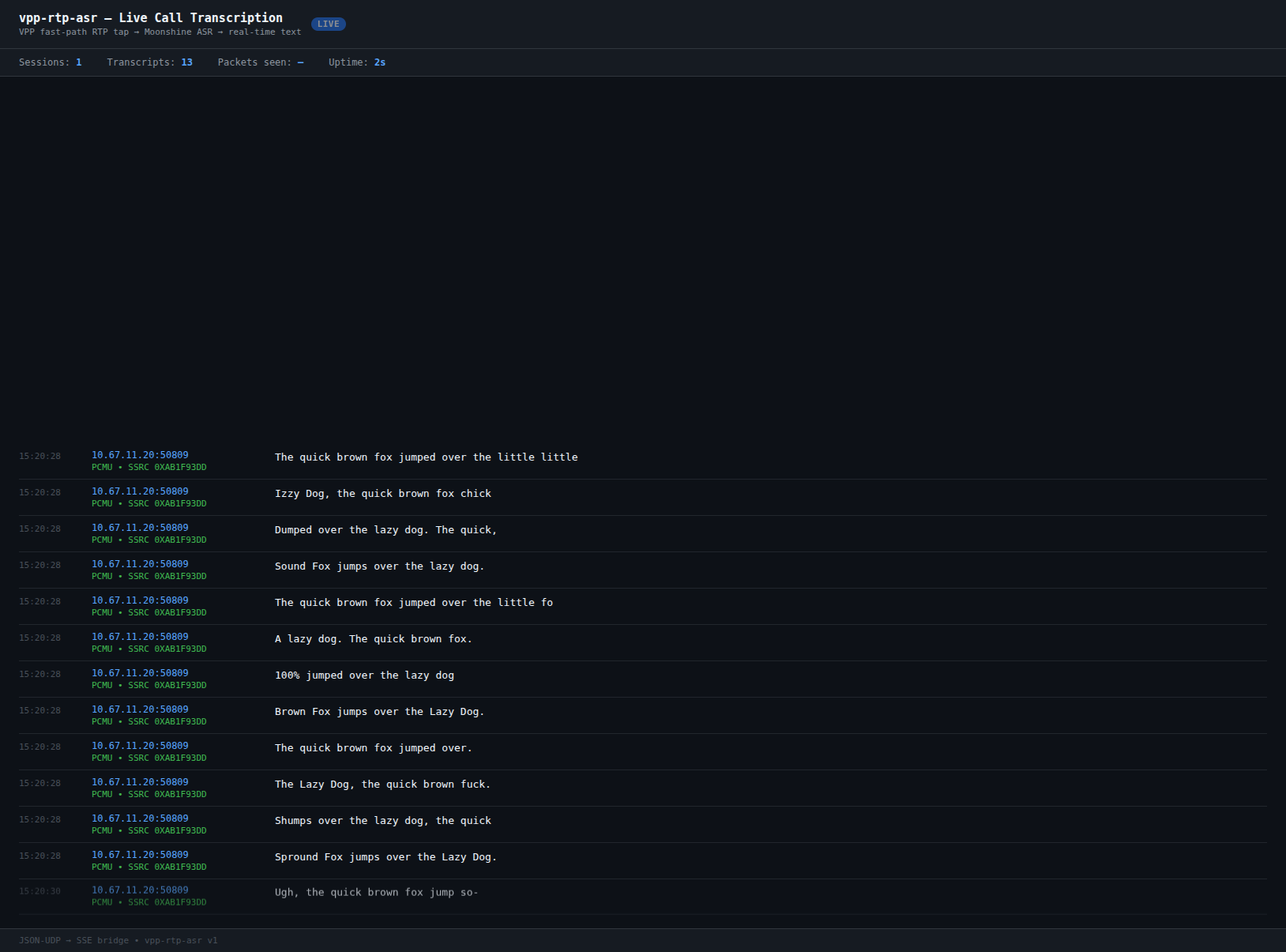 vpp-rtp-asr live transcript UI — real-time captions from active VoIP calls, showing source IP, SSRC, codec, and transcribed text updating as audio flows through VPP